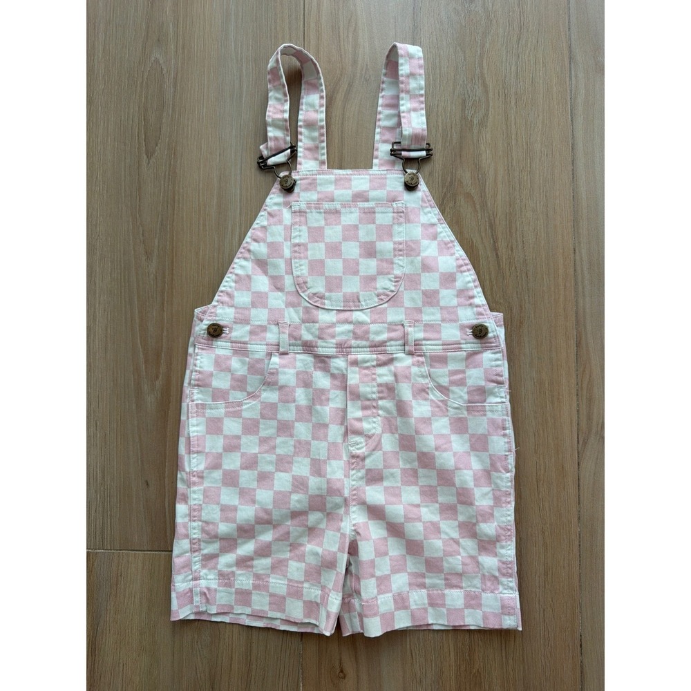 Dotty Dungarees Kids Pink White Checkered Overalls Shortalls Size 5-6 Years